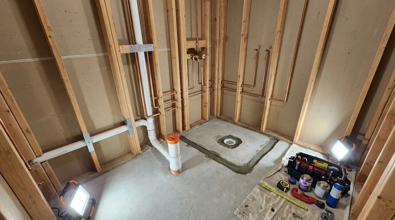 Bathroom rough-in plumbing during remodel by Johns Plumbing LLC in Masury