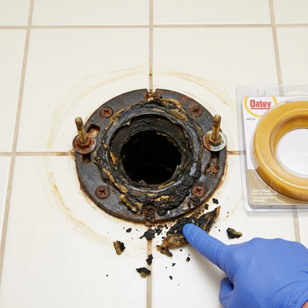 Failed wax ring showing water seepage at the base of a toilet in a Masury, OH home