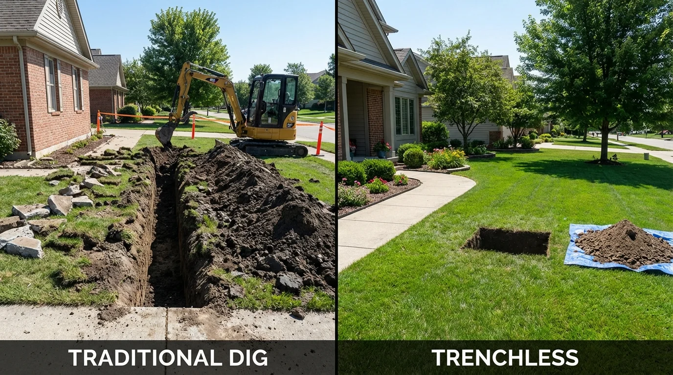 Trenchless sewer repair with minimal yard damage versus traditional excavation in Masury, OH