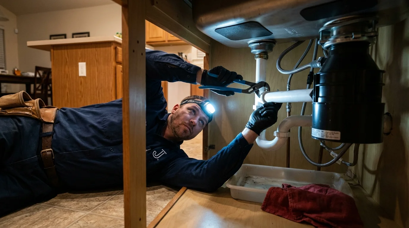 P-trap and supply line connections under a kitchen sink showing a common leak point in Masury, OH